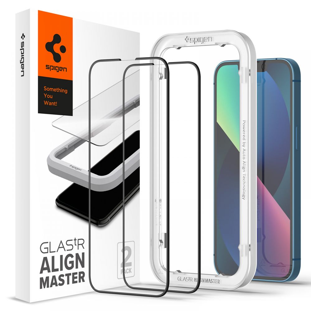 Schutzfolie Spigen GlastR Align Master für Apple iPhone 16e / 14, gehärtetes Glas, Vollkleber, Set mit 2 Stück, Schwarz AGL03387