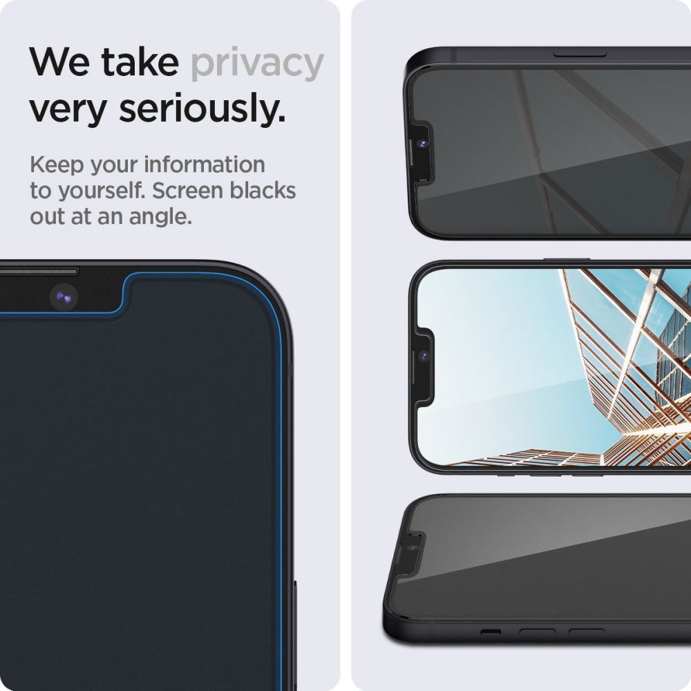 Privacy-Schutzfolie Spigen GlastR EZ FIT für Apple iPhone 17e / 16e / 14 / 13 Pro, gehärtetes Glas, Full Glue, 2er-Set AGL03388