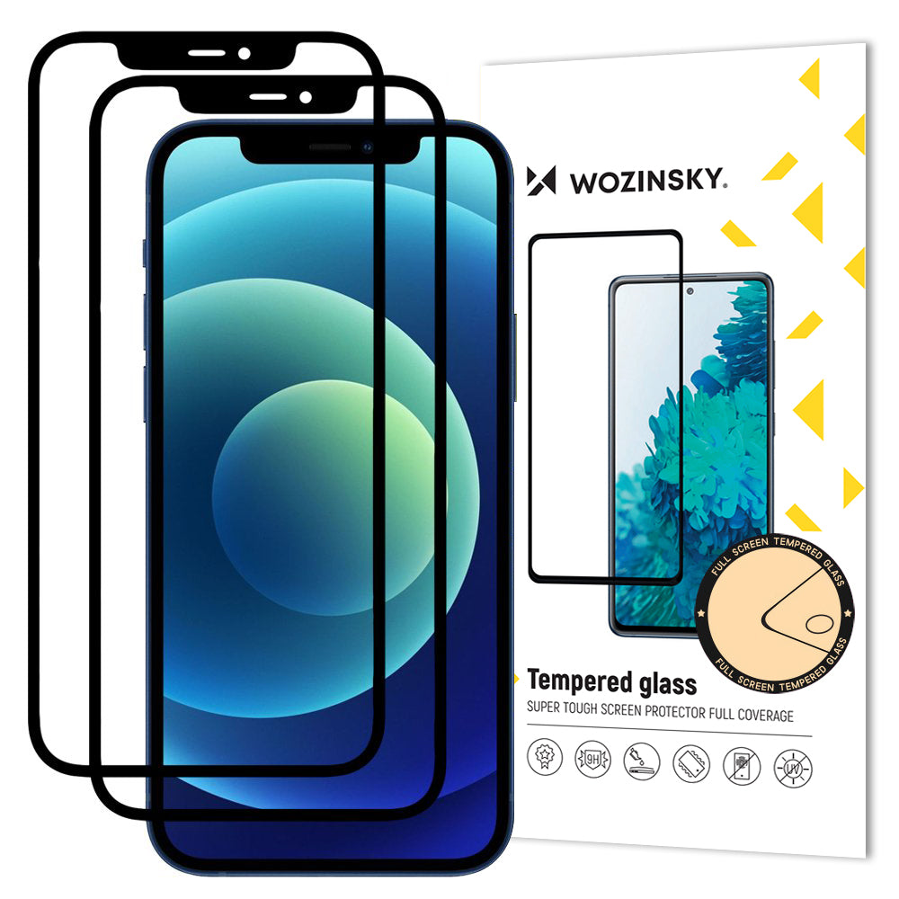 WZK Displayschutzfolie für Apple iPhone 12 / 12 Pro, gehärtetes Glas, Vollkleber, 2er Set, Case Friendly, Schwarz