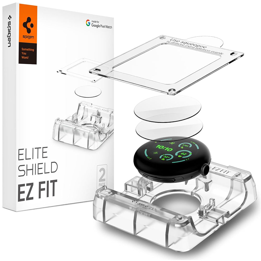 Schutzfolie Spigen Elite Shield EZ FIT für Google Pixel Watch 41mm Series, 2er Set, Gehärtetes Glas, Transparent AFL08524