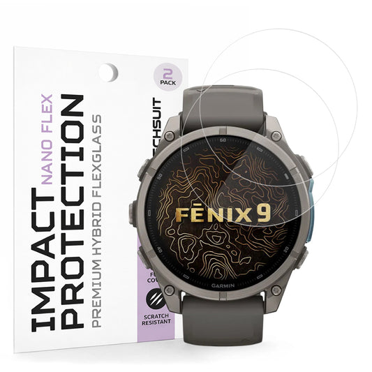 Techsuit Nano Flex Schutzfolie für Garmin Fenix 9 Pro 51mm / Fenix 9 51mm, 2 Stück Set, Kunststoff, Schwarz