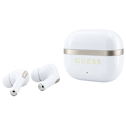 Guess Bluetooth-Freisprecheinrichtung Glossy Gold Line Printed Classic Logo, TWS, Weiß