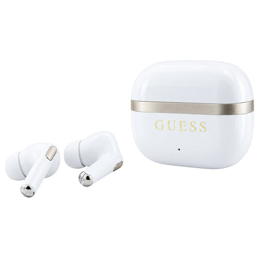 Guess Bluetooth-Freisprecheinrichtung Glossy Gold Line Printed Classic Logo, TWS, Weiß