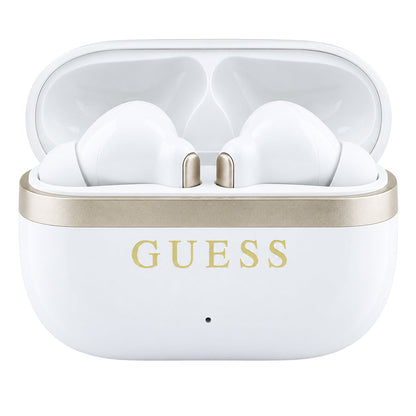 Guess Bluetooth-Freisprecheinrichtung Glossy Gold Line Printed Classic Logo, TWS, Weiß