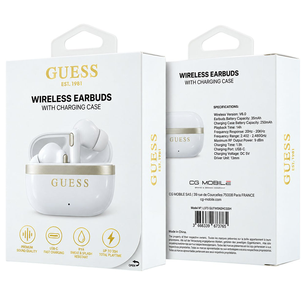Guess Bluetooth-Freisprecheinrichtung Glossy Gold Line Printed Classic Logo, TWS, Weiß
