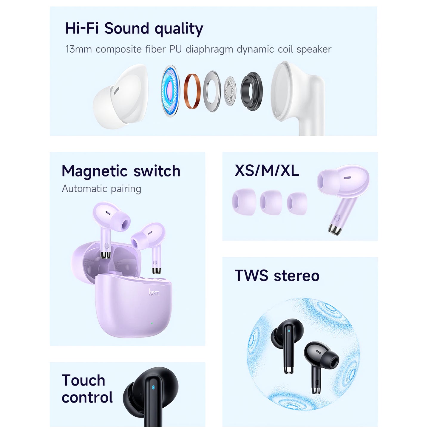 HOCO EQ2 TWS Bluetooth Kopfhörer | Lila | 28h Akku | Touch-Steuerung