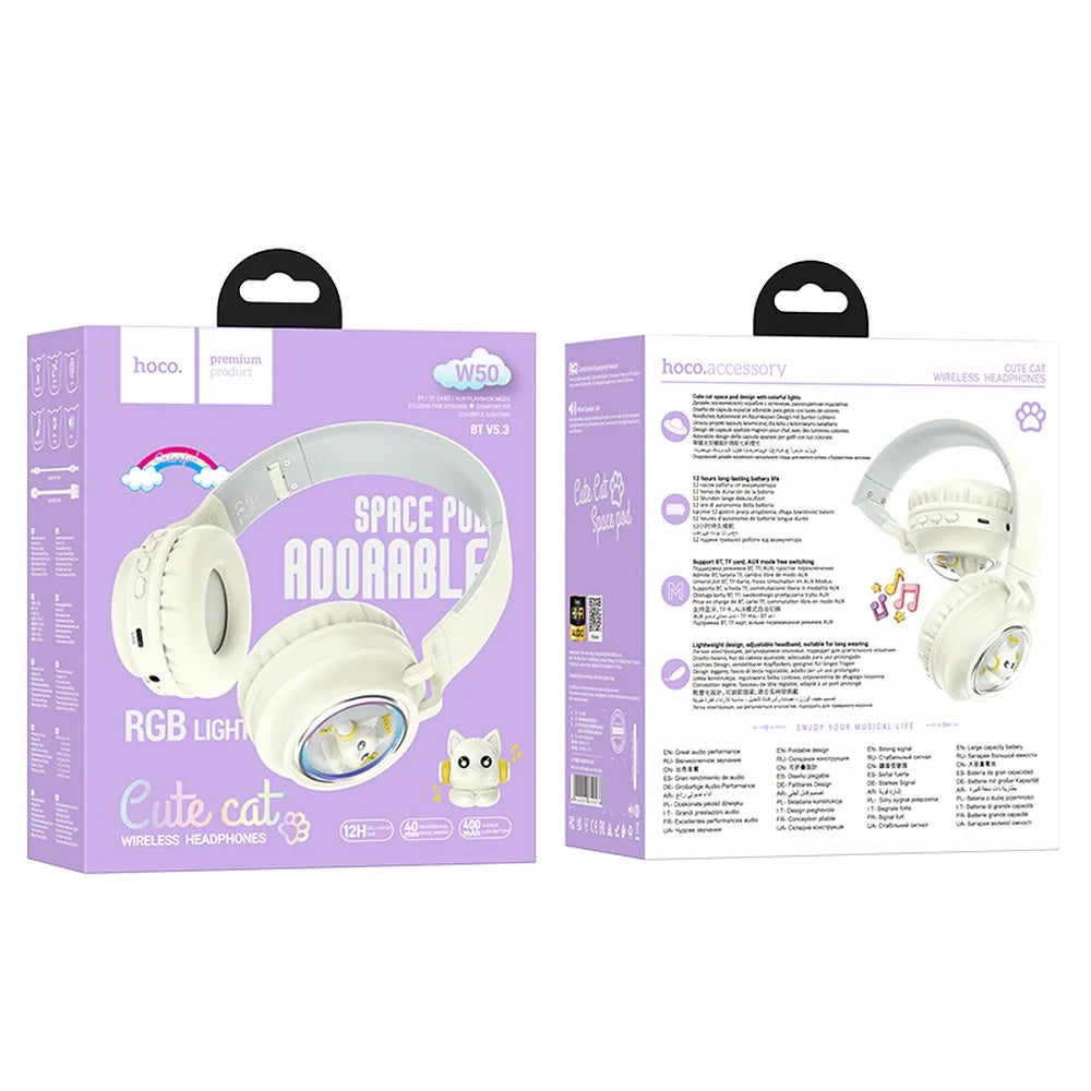 Handsfree Bluetooth HOCO W50 Kids Cute Cat, A2DP, Weiß