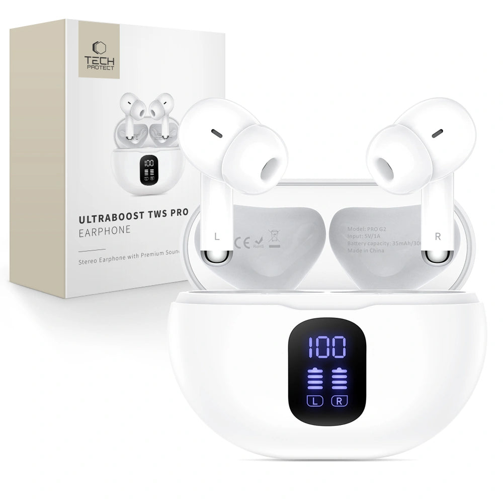 Bluetooth-Freisprecheinrichtung Tech-Protect Ultraboost Pro G2, TWS, Weiß