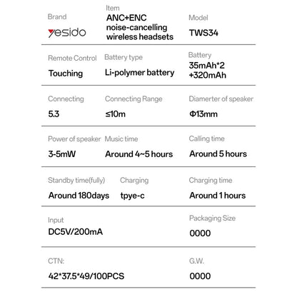 Handsfree Bluetooth Yesido TWS34, TWS, ANC, Weiß