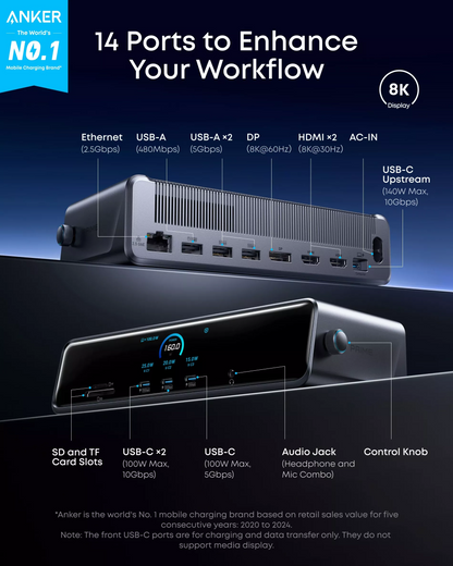 Multifunktionaler Hub Anker Prime, 3 x USB-A - 4 x USB-C - 1 x Display Port - 2 x HDMI - 1 x 3,5 mm Klinke - 1 x RJ45 - 1 x SD - 1 x microSD, Grau A83B33A1
