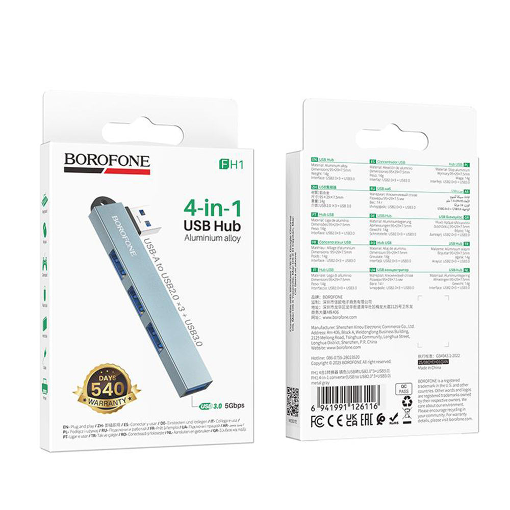 USB-Hub Borofone FH1, 4in1, Grau