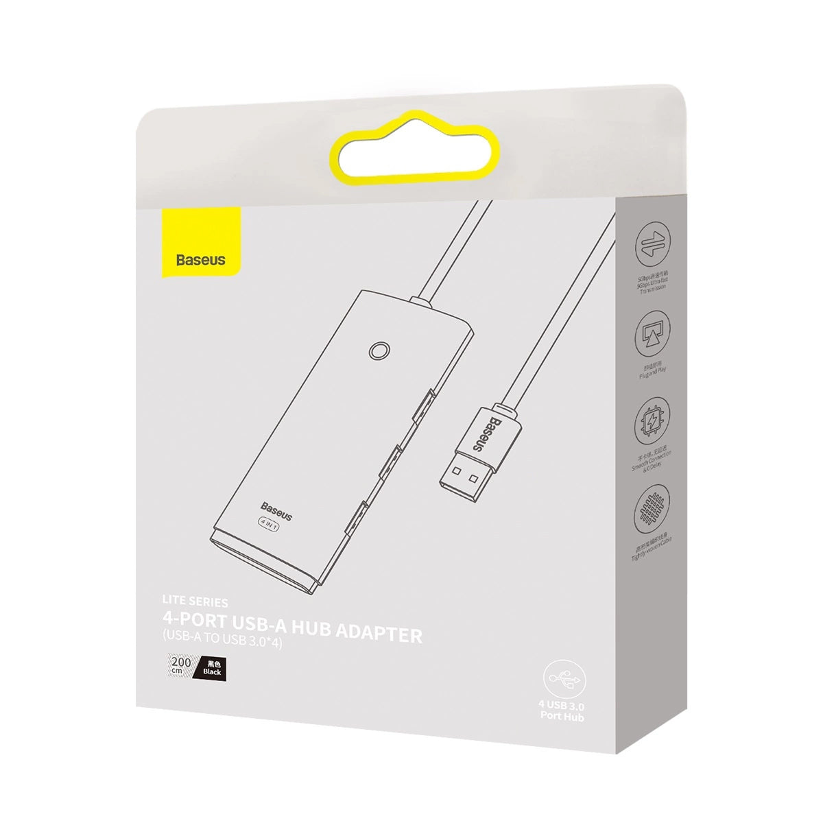 Baseus Lite USB Hub, 4 x USB-A 3.0 - 1 x USB-C, 2m, Black WKQXX030201