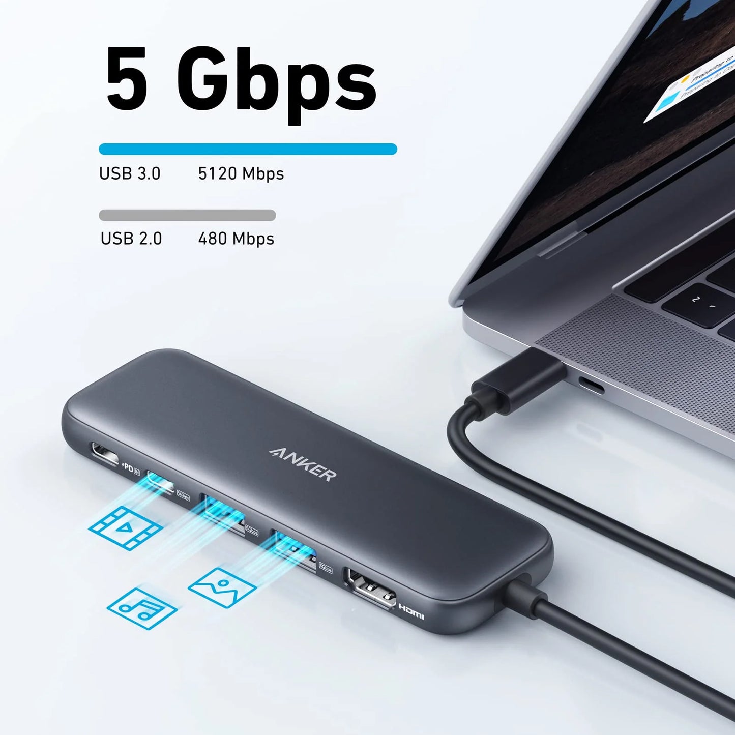 Hub USB-C Anker 332, 2 x USB-A - 2 x USB-C - 1 x HDMI, Grau A8355H11