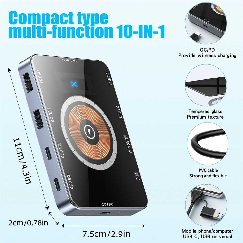USB-C Hub mit QI Wireless Charging OEM YC7209, 10in1, Grau