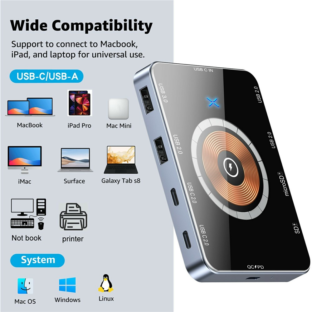 USB-C Hub mit QI Wireless Charging OEM YC7209, 10in1, Grau