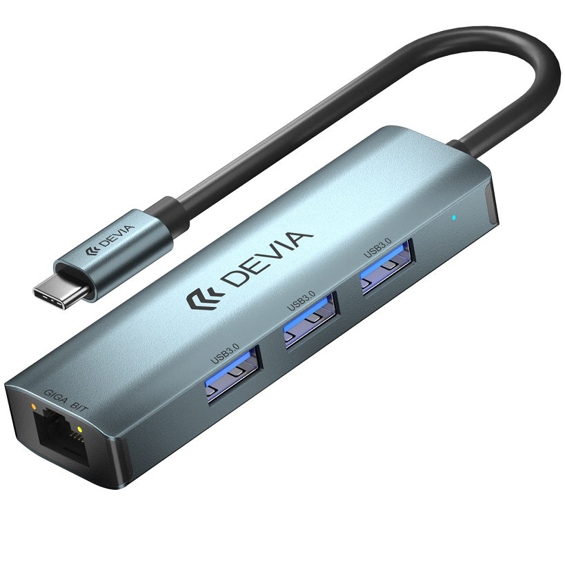 Hub USB-C DEVIA EC621, 3 x USB-A 3.0 - 1 x RJ45, Grau