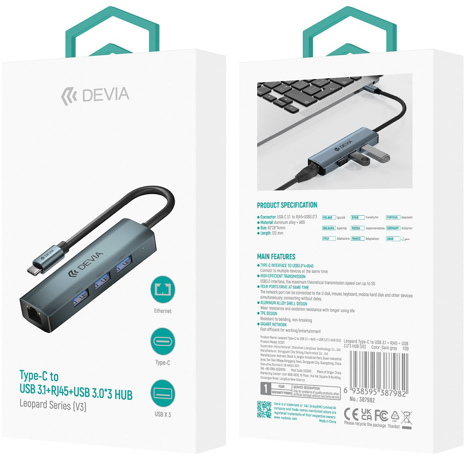 Hub USB-C DEVIA EC621, 3 x USB-A 3.0 - 1 x RJ45, Grau