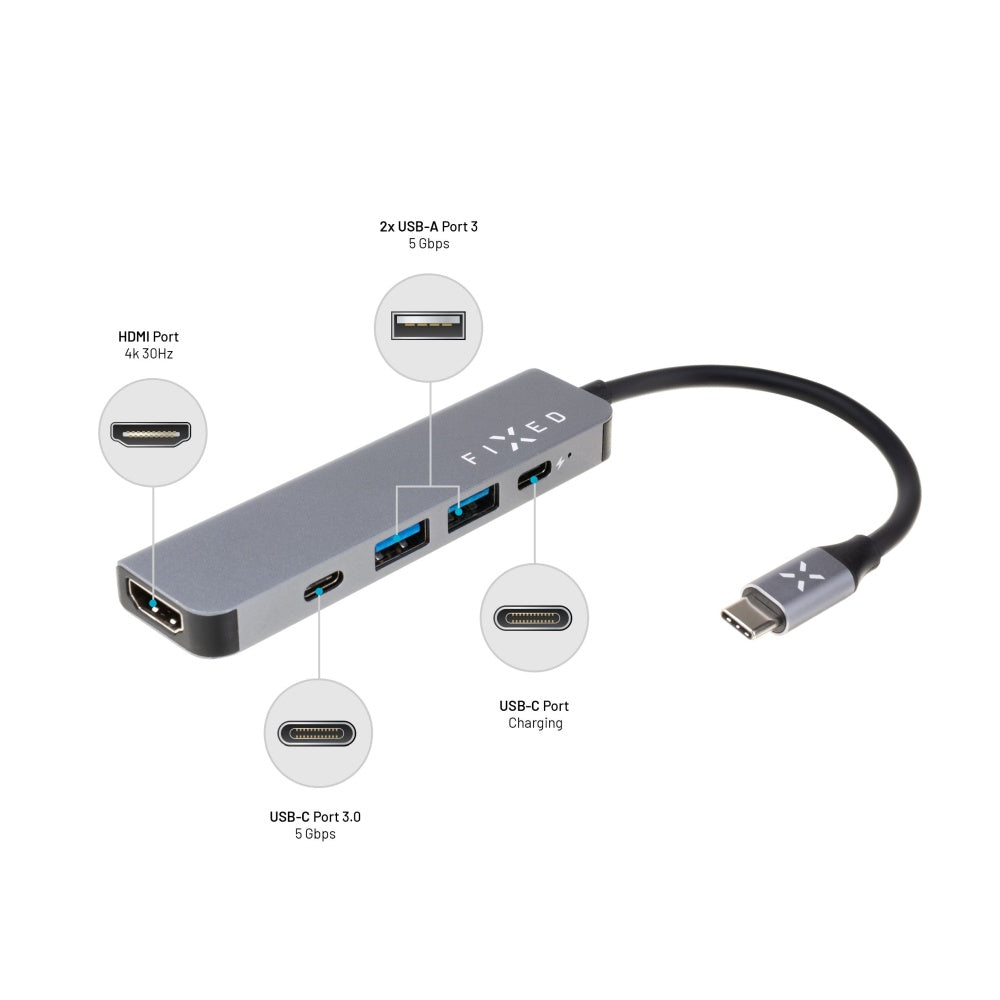 USB-C Hub Fixed, 4in1, Grau