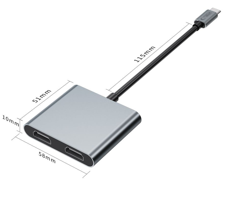 Hub USB-C Tech-Protect HB08, 1 x USB-A - 1 x USB-C - 2 x HDMI, Grau