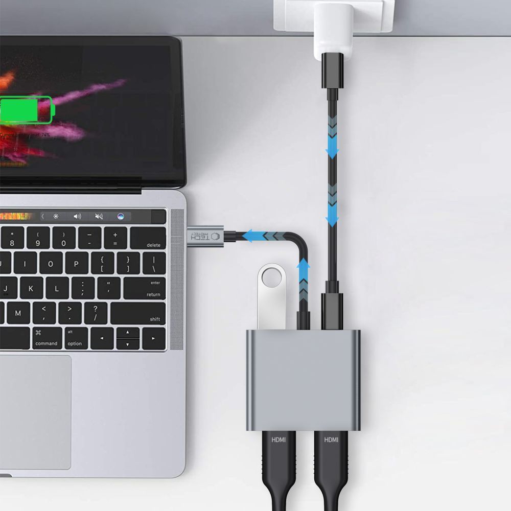 Hub USB-C Tech-Protect HB08, 1 x USB-A - 1 x USB-C - 2 x HDMI, Grau