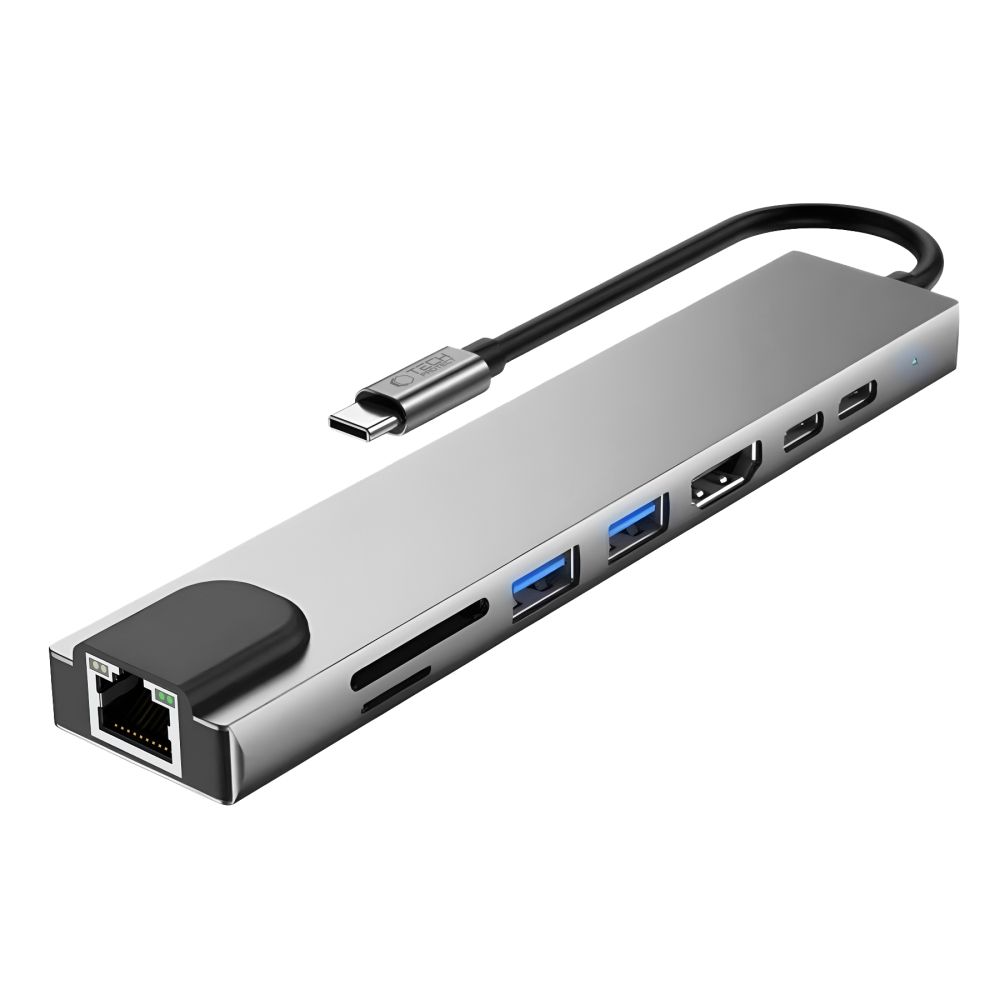 USB-C Hub Tech-Protect HB09, 2 x USB-A 3.0 - 2 x USB-C - 1 x HDMI - 1 x RJ45 - 1 x SD - 1 x microSD, Grau