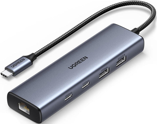 Hub USB-C UGREEN CM512, 1 x USB-A 3.2 - 1 x USB-A - 3 x USB-C - 1 x RJ45, Grau