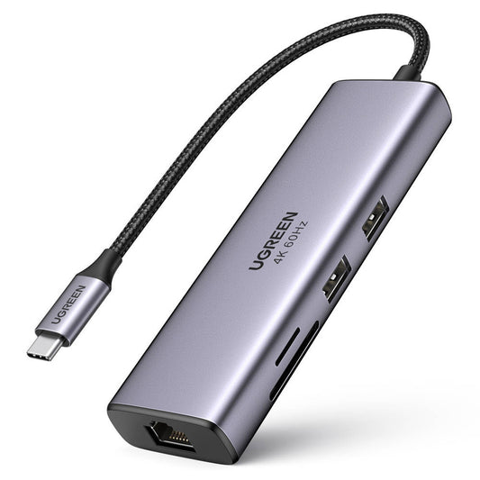Hub USB-C UGREEN CM512 (60515), 2 x USB-A 3.0 - 1 x USB-C - 1 x HDMI - 1 x SD - 1 x microSD - 1 x RJ45, Grau