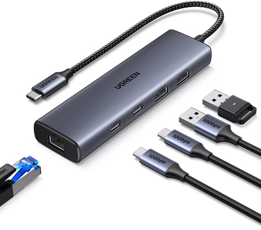 Hub USB-C UGREEN CM512, 1 x USB-A 3.2 - 1 x USB-A - 3 x USB-C - 1 x RJ45, Grau