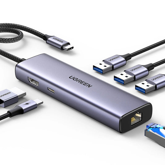 USB-C Hub UGREEN CM512 (15598), 3 x USB-A 3.0 - 1 x USB-C - 1 x HDMI - 1 x RJ45, Grau