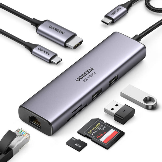 Hub USB-C UGREEN CM512 (60515), 2 x USB-A 3.0 - 1 x USB-C - 1 x HDMI - 1 x SD - 1 x microSD - 1 x RJ45, Grau