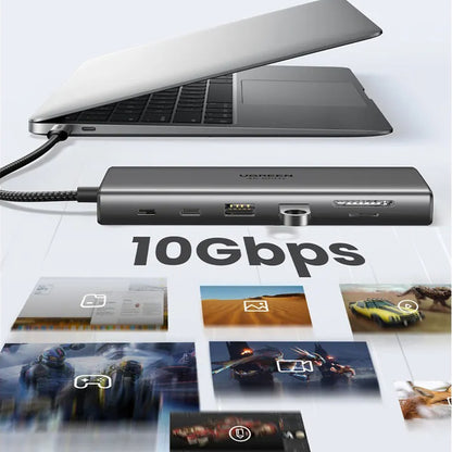 Hub USB-C UGREEN CM639 (45520), 2 x USB-A 3.2 - 3 x USB-C - 1 x HDMI - 1 x VGA - 1 x Klinkenstecker 3.5mm - 1 x RJ45 - 1 x SD - 1 x microSD, Grau