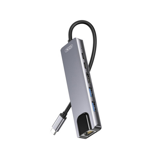 USB-C Hub XO Design HUB013, 1 x USB-A - 1 x USB-A 3.0 - 2 x USB-C - 1 x HDMI - 1 x RJ45, Grau