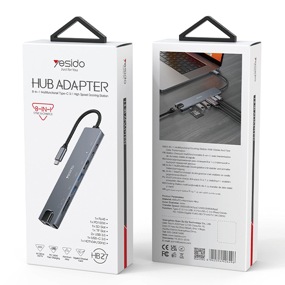 USB-C Hub Yesido HB27, 8in1, Grau