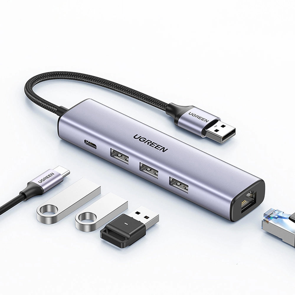 USB-Hub UGREEN CM475, 3 x USB-A 3.0 - 1 x USB-C - 1 x RJ45, Grau