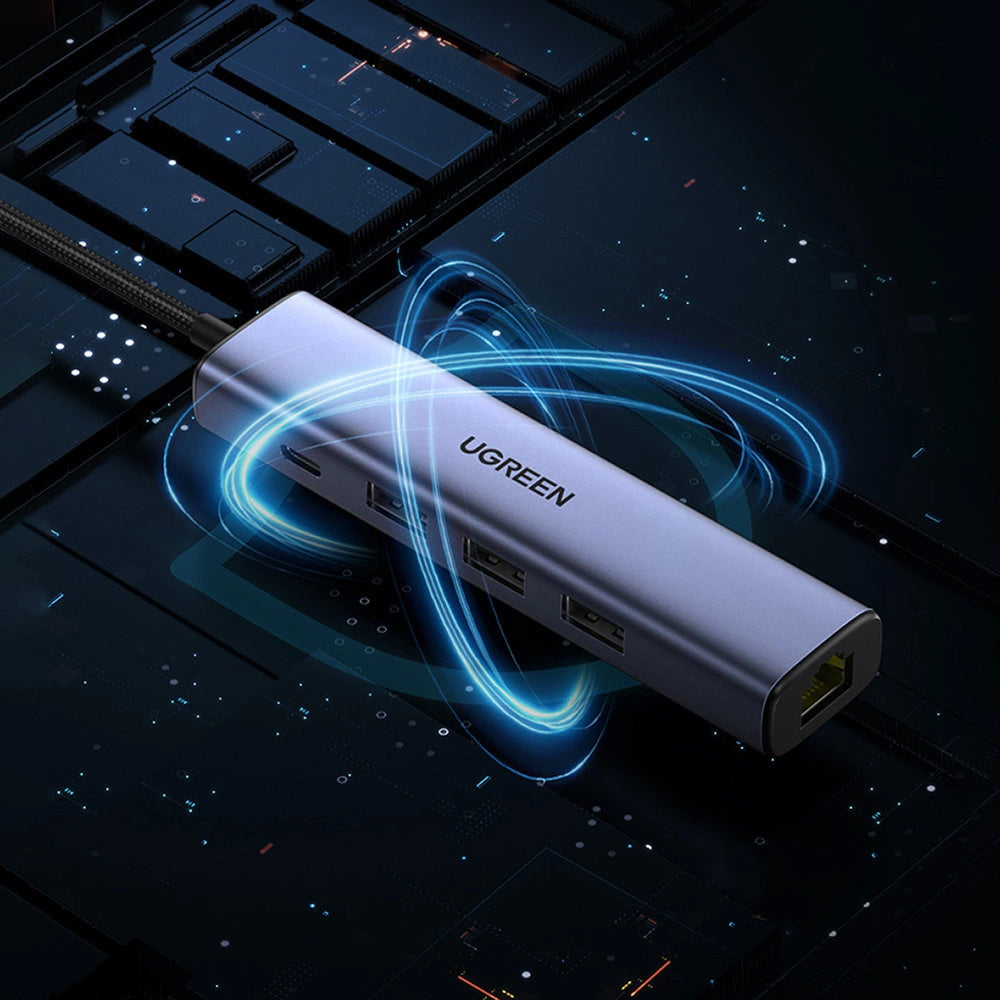 USB-Hub UGREEN CM475, 3 x USB-A 3.0 - 1 x USB-C - 1 x RJ45, Grau