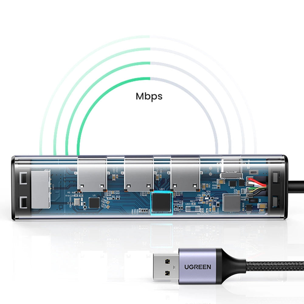USB-Hub UGREEN CM475, 3 x USB-A 3.0 - 1 x USB-C - 1 x RJ45, Grau