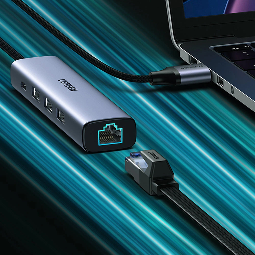 USB-Hub UGREEN CM475, 3 x USB-A 3.0 - 1 x USB-C - 1 x RJ45, Grau