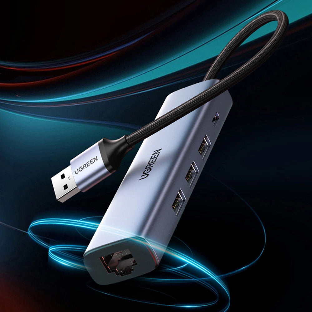 USB-Hub UGREEN CM475, 3 x USB-A 3.0 - 1 x USB-C - 1 x RJ45, Grau