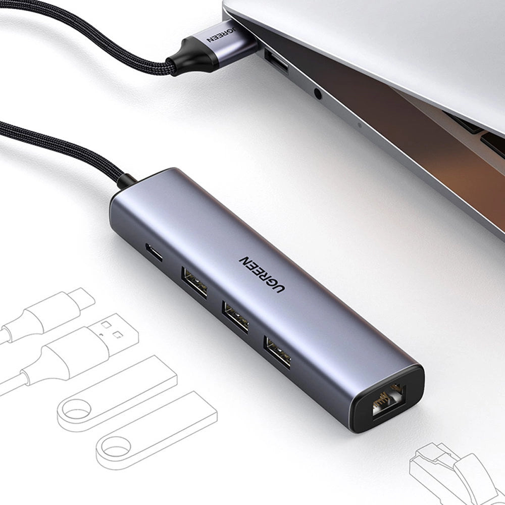 USB-Hub UGREEN CM475, 3 x USB-A 3.0 - 1 x USB-C - 1 x RJ45, Grau