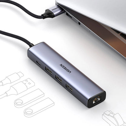 USB-Hub UGREEN CM475, 3 x USB-A 3.0 - 1 x USB-C - 1 x RJ45, Grau