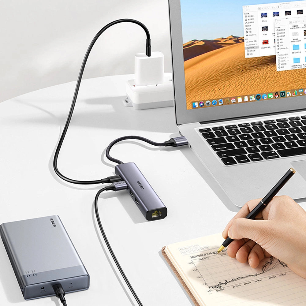USB-Hub UGREEN CM475, 3 x USB-A 3.0 - 1 x USB-C - 1 x RJ45, Grau