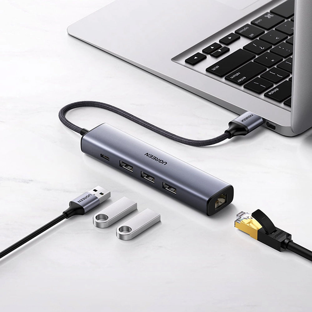 USB-Hub UGREEN CM475, 3 x USB-A 3.0 - 1 x USB-C - 1 x RJ45, Grau