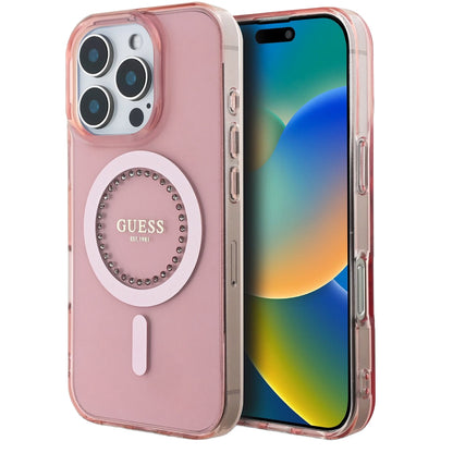 MagSafe Hülle für Apple iPhone 16 Pro Max, Guess, IML Rhinestones Ring, Rosa GUHMP16XPFTDTEP