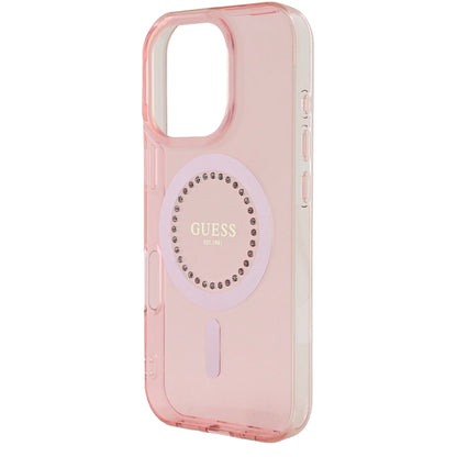 MagSafe Hülle für Apple iPhone 16 Pro Max, Guess, IML Rhinestones Ring, Rosa GUHMP16XPFTDTEP