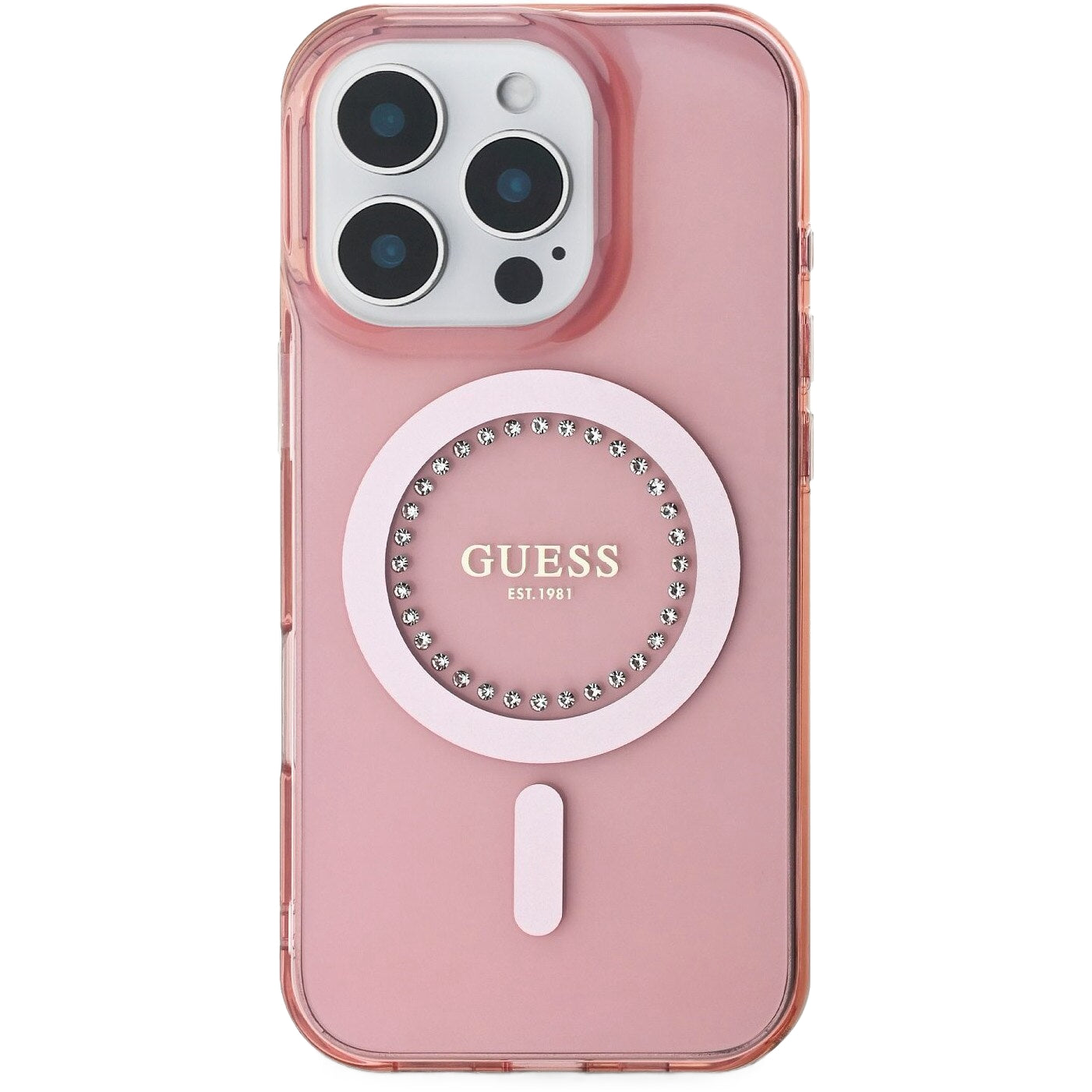 MagSafe Hülle für Apple iPhone 16 Pro Max, Guess, IML Rhinestones Ring, Rosa GUHMP16XPFTDTEP
