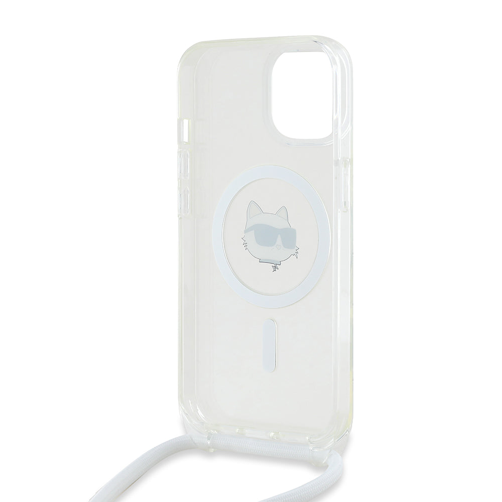 MagSafe Hülle für Apple iPhone 14, Karl Lagerfeld, IML Crossbody Choupette's Head mit Trageriemen, Transparent