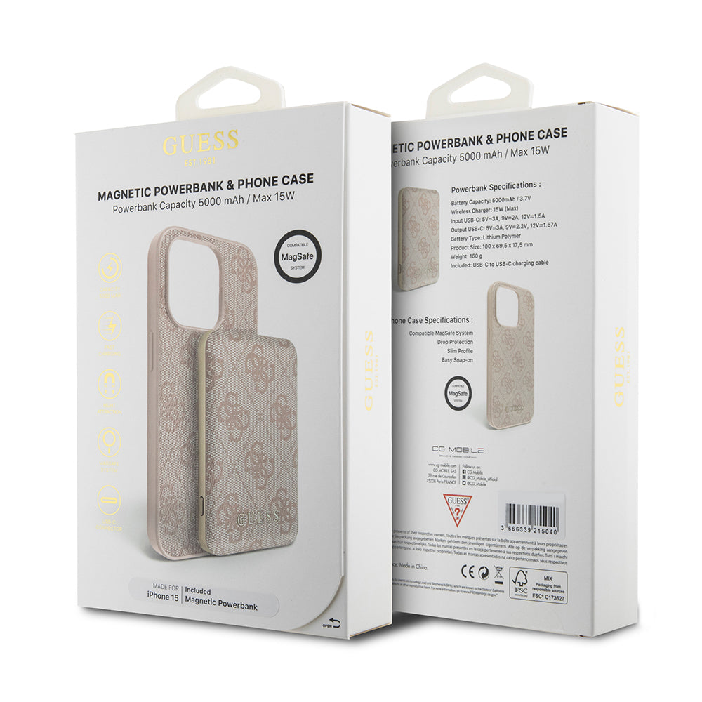 MagSafe Hülle für Apple iPhone 15, Guess, Powerbank 4G Metal Logo, Rosa