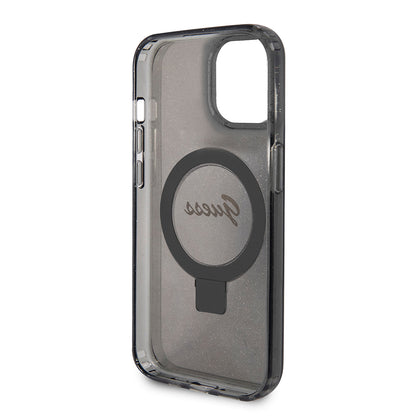 MagSafe Hülle für Apple iPhone 15, Guess, Ring Stand Script Glitter, Schwarz