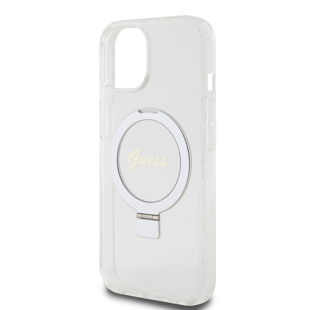 MagSafe Hülle für Apple iPhone 15, Guess, Ring Stand Script Glitter, Transparent
