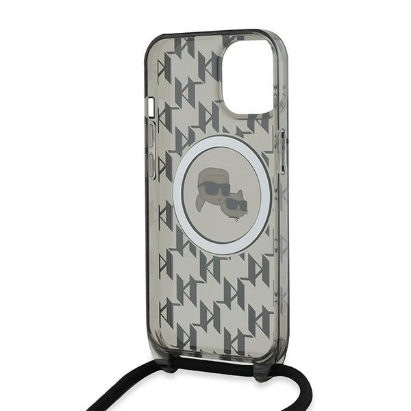 MagSafe Hülle für Apple iPhone 15, Karl Lagerfeld, IML Crossbody Monogram Karl & Choupette's Heads, Schwarz